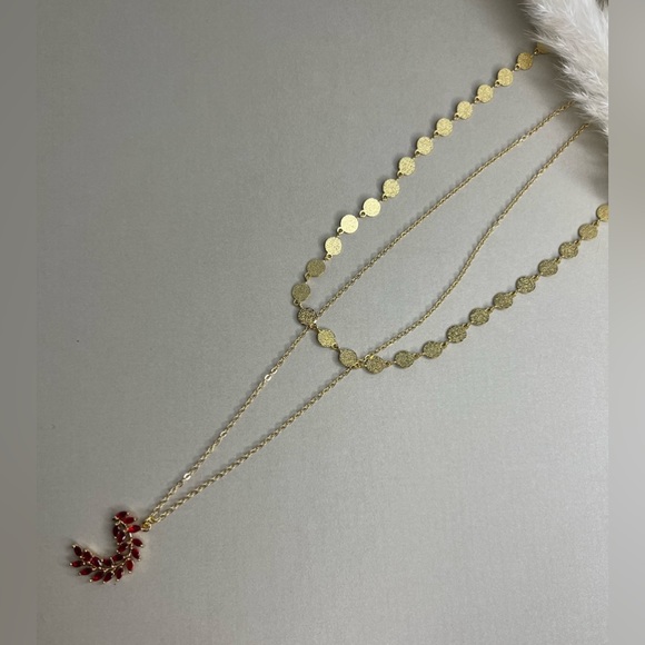 Romantic Gold & Red Cubic Zirconia Leaf Pendant Necklace Set - Glam Necklace - Picture 5 of 9